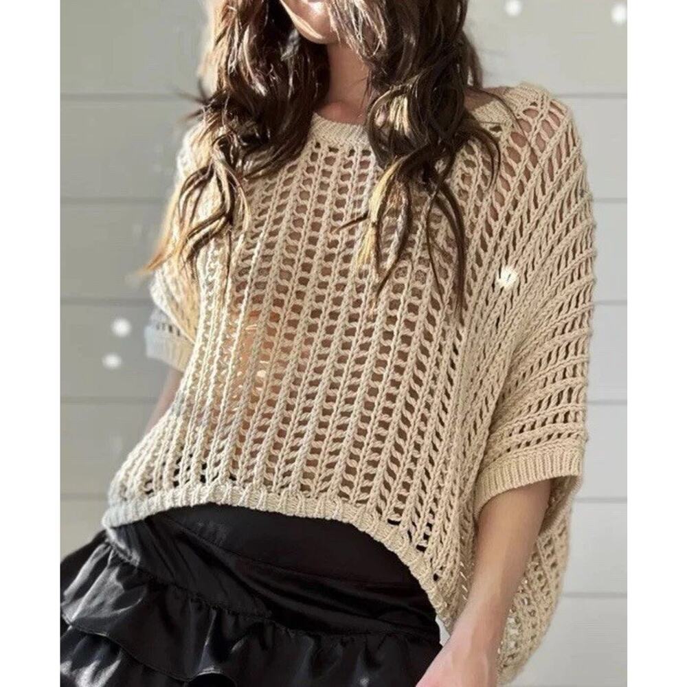 Aaron + Amber Crochet Knit Top M Pullover Crop S/S Beige Cotton Semitransparent